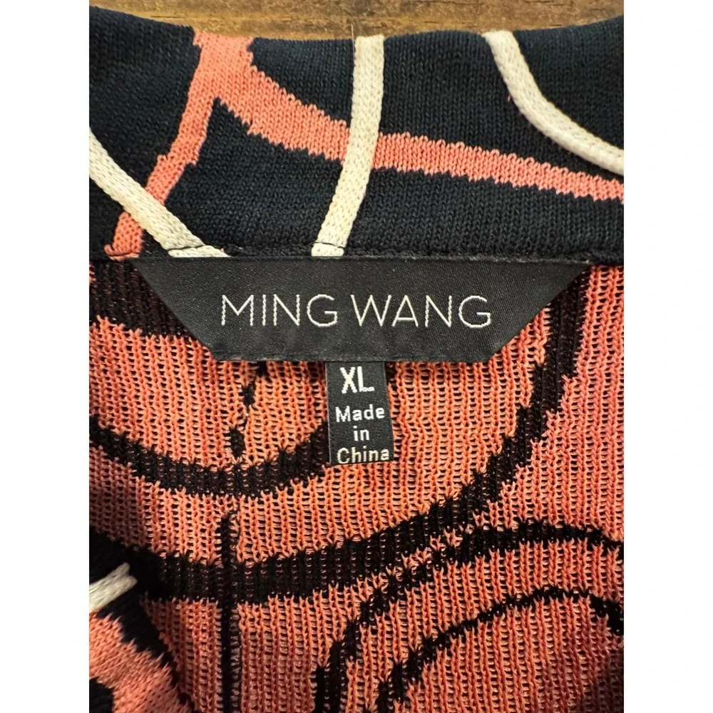 Ming Wang Cardigan Jacket Black Coral White Abstract Swirl Full Zip Knit XL